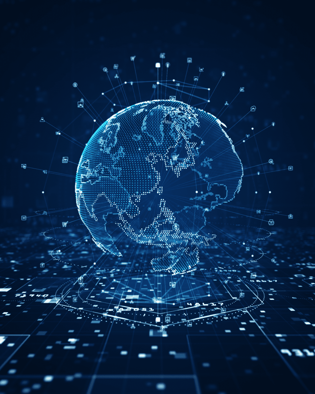 Trustack MSP Cyber Security, IT Services, IT Support. A digital rendering of a globe with a blue and white color scheme is depicted in a futuristic, grid-like space. The globe, akin to the connected landscapes of Lake District National Park, is surrounded by numerous interconnected lines and icons representing global network and data connectivity.