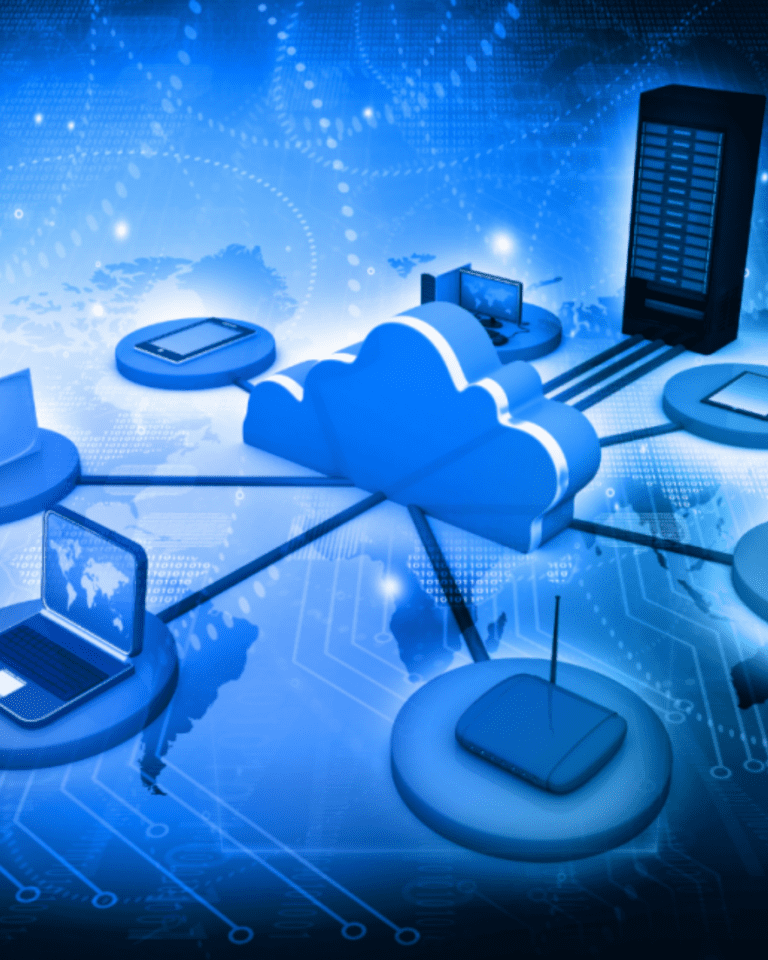 Trustack MSP Cyber Security, IT Services, IT Support. Digital illustration depicting a cloud computing concept. Various electronic devices including laptops, a tablet, a smartphone, and a router are connected to a central cloud, symbolizing data and internet connectivity. A server is shown in the background. The image also highlights hosted telephony as part of the solution.