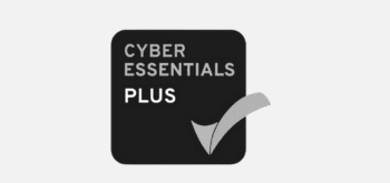 Trustack MSP Cyber Security, IT Services, IT Support. A black square logo with the words "Cyber Essentials PLUS" in white letters. The bottom right corner of the square features a grey checkmark.