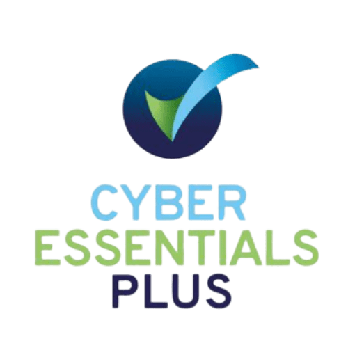 Trustack MSP Cyber Security, IT Services, IT Support. A logo featuring a blue circle with a checkmark inside, crafted perfectly as an Elementor footer element. Below the circle, the text "CYBER ESSENTIALS PLUS" is written in gradient shades of blue and green. The checkmark elegantly overlaps the top right of the circle.