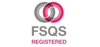 Trustack MSP Cyber Security, IT Services, IT Support. The image showcases two interlocking rings, one gray and one pink, above the text "FSQS REGISTERED" in gray and pink capital letters, seamlessly blending into the footer design.