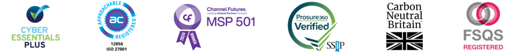 Trustack MSP Cyber Security, IT Services, IT Support. A row of six certification logos is displayed in the Elementor Footer, including Cyber Essentials Plus, Alcumus SafeContractor, MSP 501, ProcureAssure Verified, Carbon Neutral Britain, and FSQS Registered.