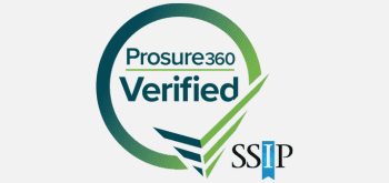 Trustack MSP Cyber Security, IT Services, IT Support. The image features the Prosure360 Verified badge, boasting a circular design with gradient shades of green and blue. The SSIP logo, adorned with a blue ribbon, is positioned at the bottom right corner of the badge. Ideal for showcasing in your Elementor footer section for added credibility.