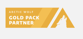 Trustack MSP Cyber Security, IT Services, IT Support. A rectangular logo with a yellow background, titled "Arctic Wolf Gold Pack Partner." The logo, which could be used in a footer element on #689 Elementor templates, features a stylized silhouette of a wolf howling, positioned on the right side of the rectangle.