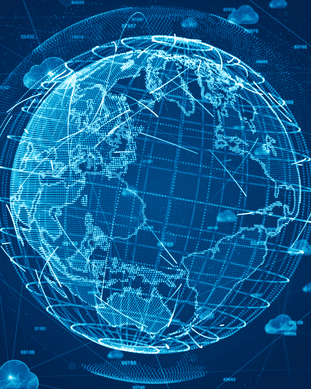 Trustack MSP Cyber Security, IT Services, IT Support. A digital illustration of a globe displaying Earth with interconnected lines and dots on a blue background. The globe, representing cloud hosting, has a grid overlay and is surrounded by cloud icons, symbolizing global data and communication networks.