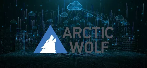 Trustack MSP Cyber Security, IT Services, IT Support. An image shows a dark digital background with interconnected cloud icons. In the foreground, there is a triangular logo featuring a white wolf howling, to the left of the bold grey letters spelling out "ARCTIC WOLF.