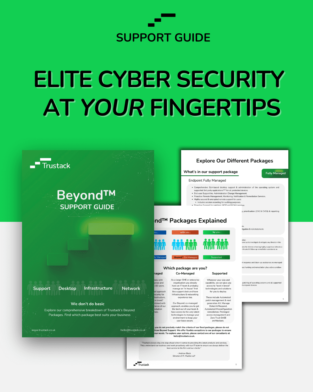 Trustack's Beyond Support Guide, elite cyber security at your fingertips, breakdown and explanation of support packages, green and white