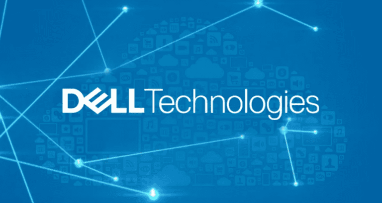 Trustack MSP Cyber Security, IT Services, IT Support. The image features the Dell Technologies logo on a blue background, incorporating the essence of a trusted Dell Partner. The background includes a digital network design with icons representing cloud storage, data services, connectivity, and other technology-related elements.