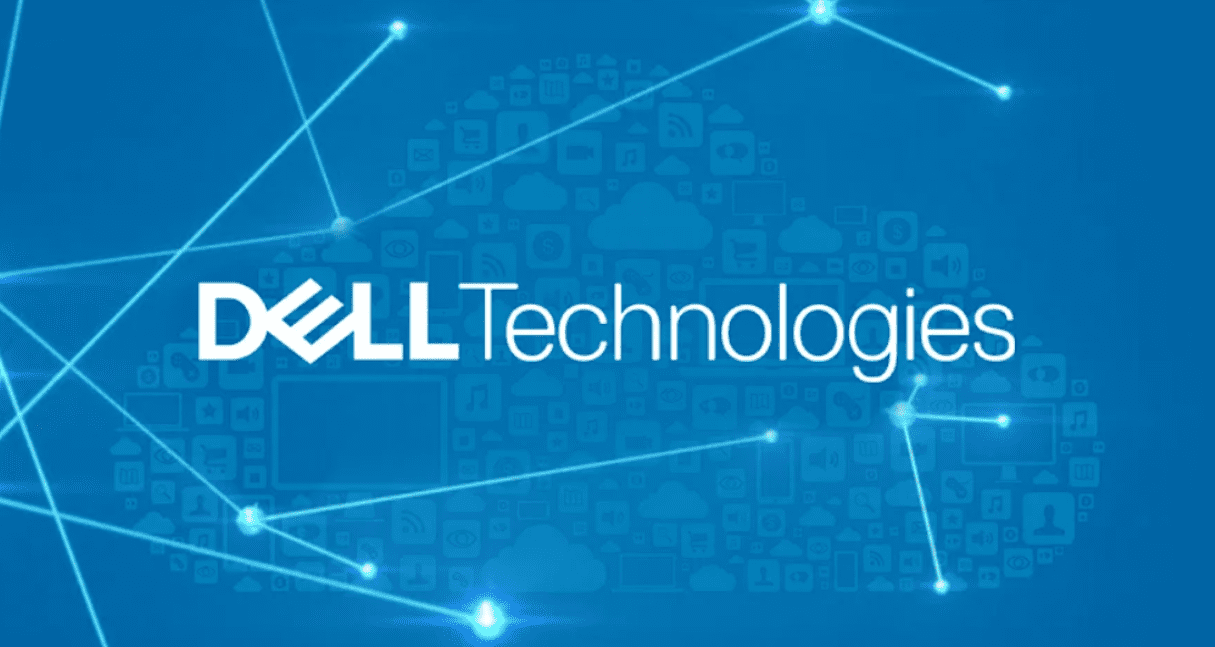 Trustack, IT Support. A blue background with the Dell Technologies logo in the center. The logo text is white, and lines form a network pattern across the image. Various tech-related icons are faintly visible within a cloud shape in the background, illustrating Dell's commitment to innovative technology solutions.