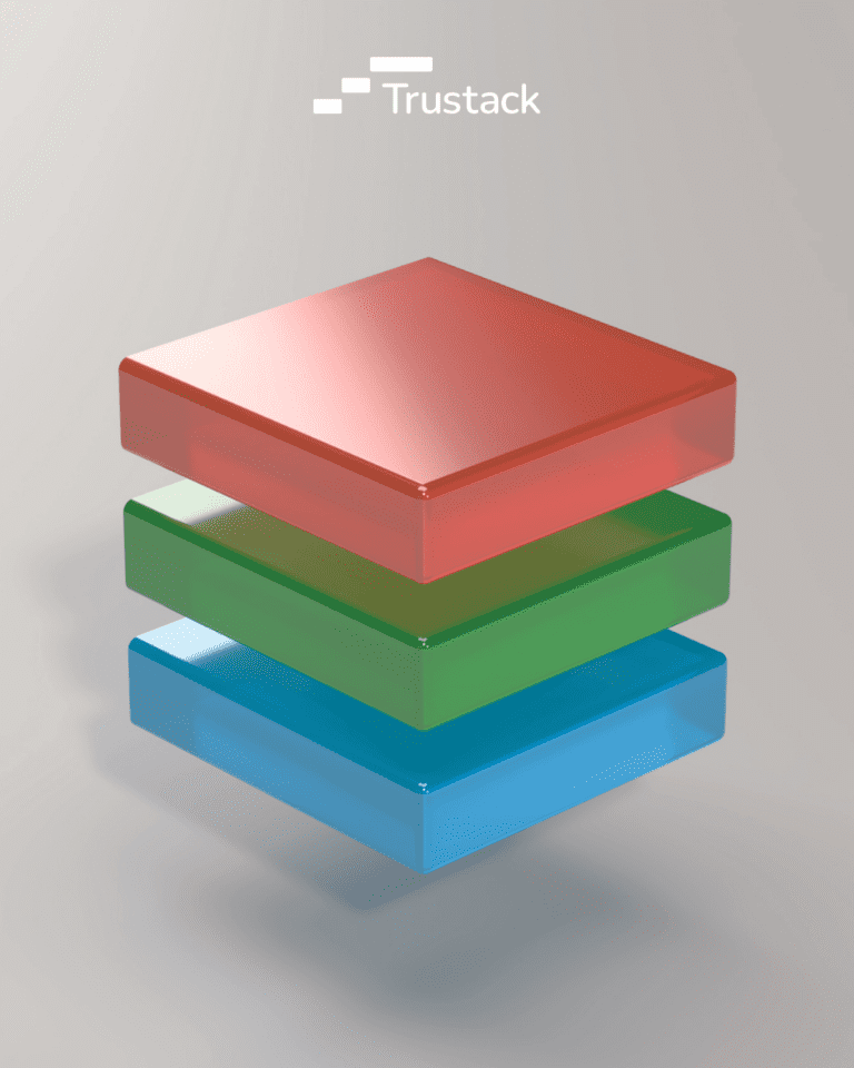 Trustack MSP Cyber Security, IT Services, IT Support. A 3D illustration shows three stacked layers, with the top layer in red, the middle in green, and the bottom in blue. The text "Trustack" is displayed at the top. The background features a gradient of gray, symbolizing a modern technology stack system.