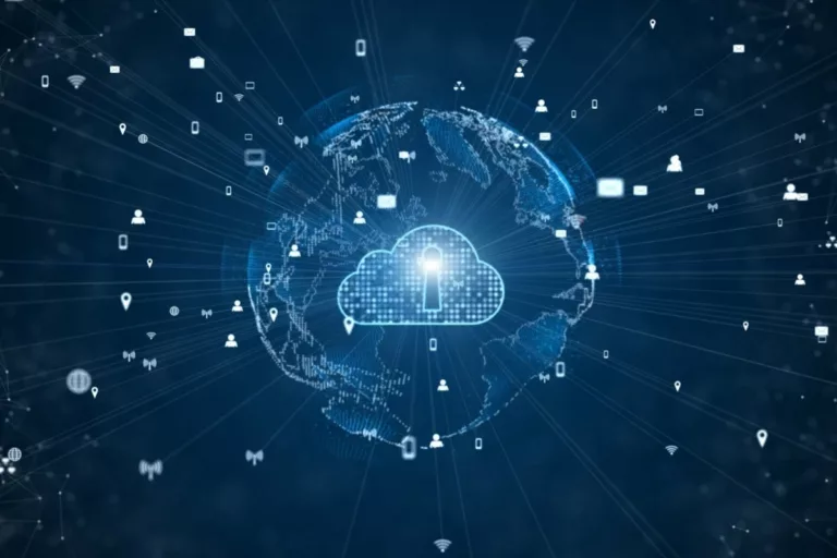 Connectivity solutions SD -WAN, dark blue cyber world and cloud, outer space