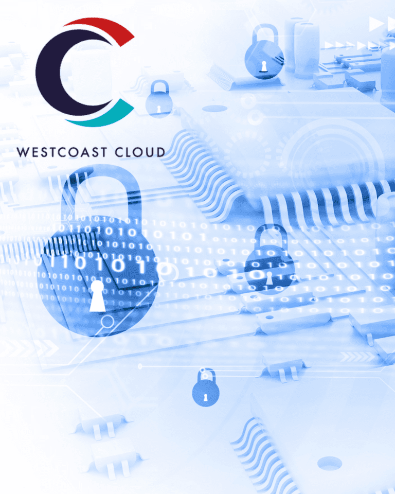 Trustack MSP Cyber Security, Promotional graphic for Westcoast Cloud featuring a large logo overlaid on a blue digital background with circuit patterns, binary code, and security padlock icons.