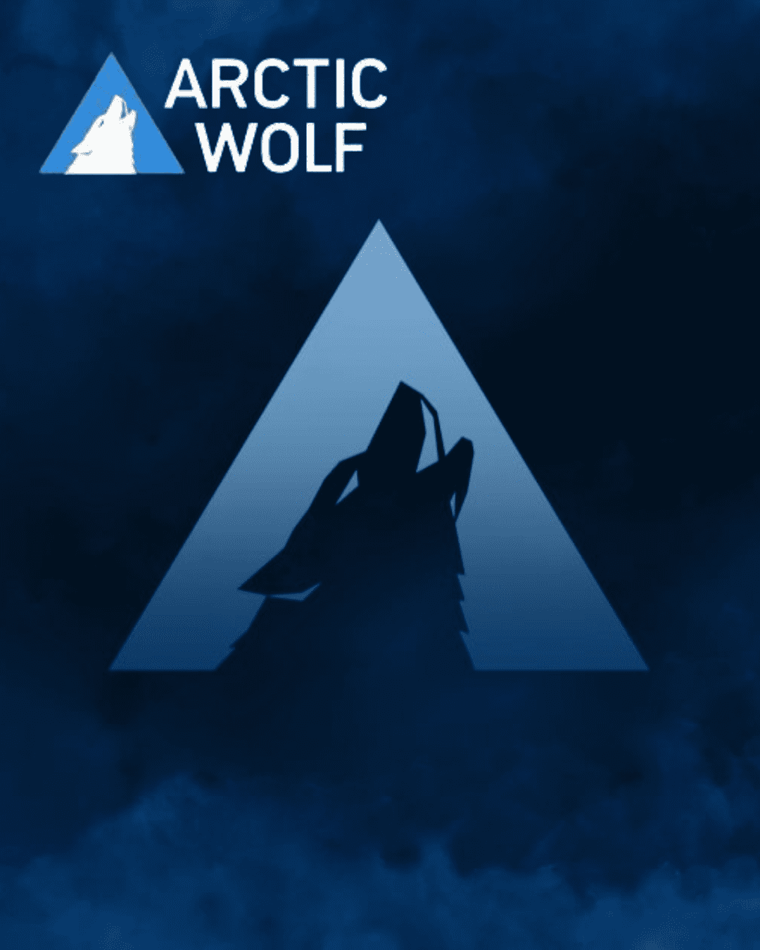 Trustack MSP Cyber Security, IT Services, IT Support. A dark, triangular logo features the silhouette of a howling wolf inside. The text "ARCTIC WOLF" with a wolf head icon is placed in the top-left corner of the image, against an arctic, cloudy background.