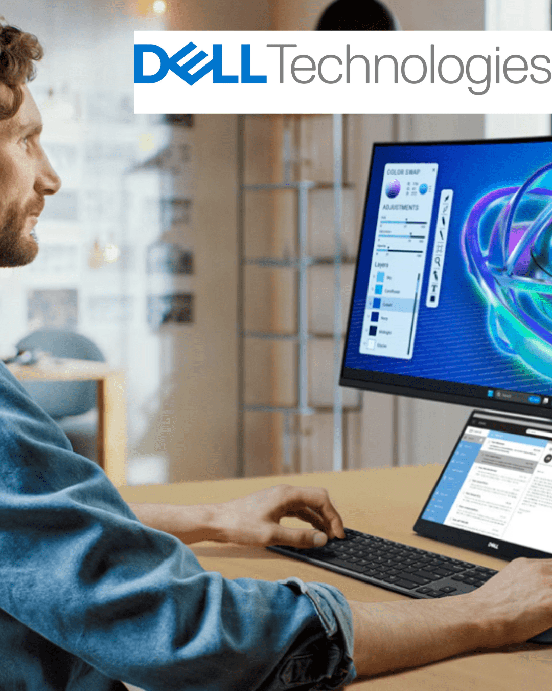 Trustack MSP Cyber Security, IT Services, IT Support. A person operates a Dell desktop computer with multiple screens showing various software applications. The Dell Technologies logo, signifying their status as a Dell Partner, is displayed prominently at the top of the image. The individual is seated at a desk in a modern workspace environment.