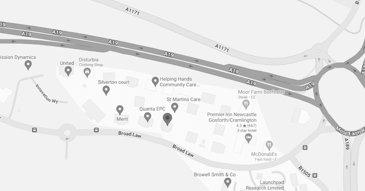 Trustack, Black and white map showing various business locations including a clothing shop, fast food restaurant, and a care center along labeled streets. Icons indicate different types of establishments. Includes a "contact us" icon for inquiries.
