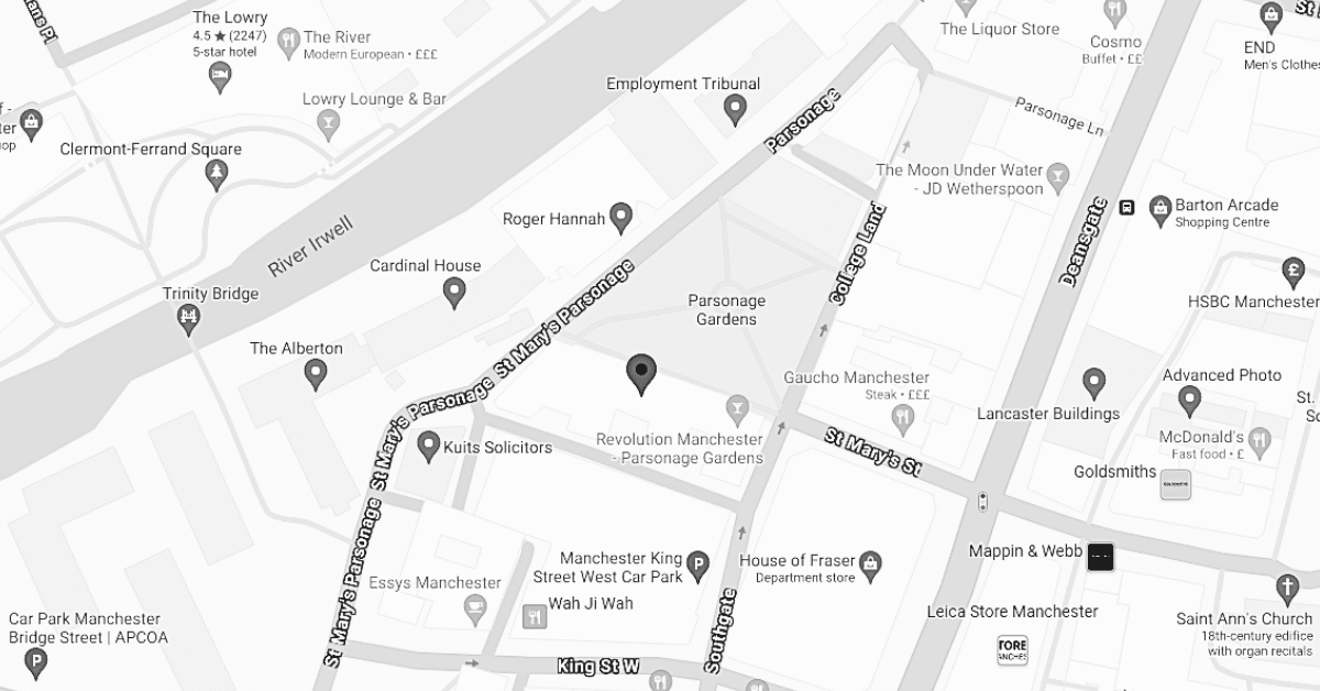 Trustack MSP Cyber Security, IT Services, IT Support. Black and white map screenshot showing a section of Manchester with labeled streets, points of interest, and a mix of icons representing various establishments like banks and parks. For more details, please contact us.