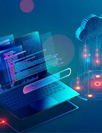 Trustack MSP Cyber Security, IT Services, IT Support. An abstract digital illustration showing an open laptop with cloud services interfaces and futuristic cityscapes projected from its screen, all set against a dark, neon-lit background.