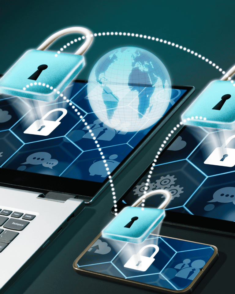 Trustack MSP Cyber Security, IT Services, IT Support. A digital illustration depicts cybersecurity concepts with a padlock icon connected to devices, including a laptop, tablet, and smartphone, all with secure lock symbols displayed on their screens. A globe in the background signifies global interconnectedness, highlighting SD-WAN's role in dynamic networking.
