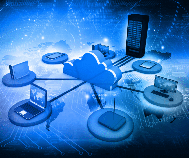Trustack MSP Cyber Security, IT Services, IT Support. A digital illustration depicts various electronic devices, such as a laptop, tablet, desktop computer, and a server, connected to a central cloud symbol. The background features a blue map with circuitry patterns, symbolizing global cloud computing connectivity and hosted telephony solutions.