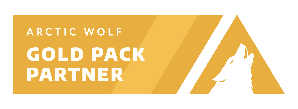Trustack MSP Cyber Security, IT Services, IT Support. A rectangular banner with a yellow and gold color scheme. On the left, it reads "ARCTIC WOLF GOLD PACK PARTNER" in white text. On the right, there is a black silhouette of an Arctic Wolf's head within a yellow triangle.