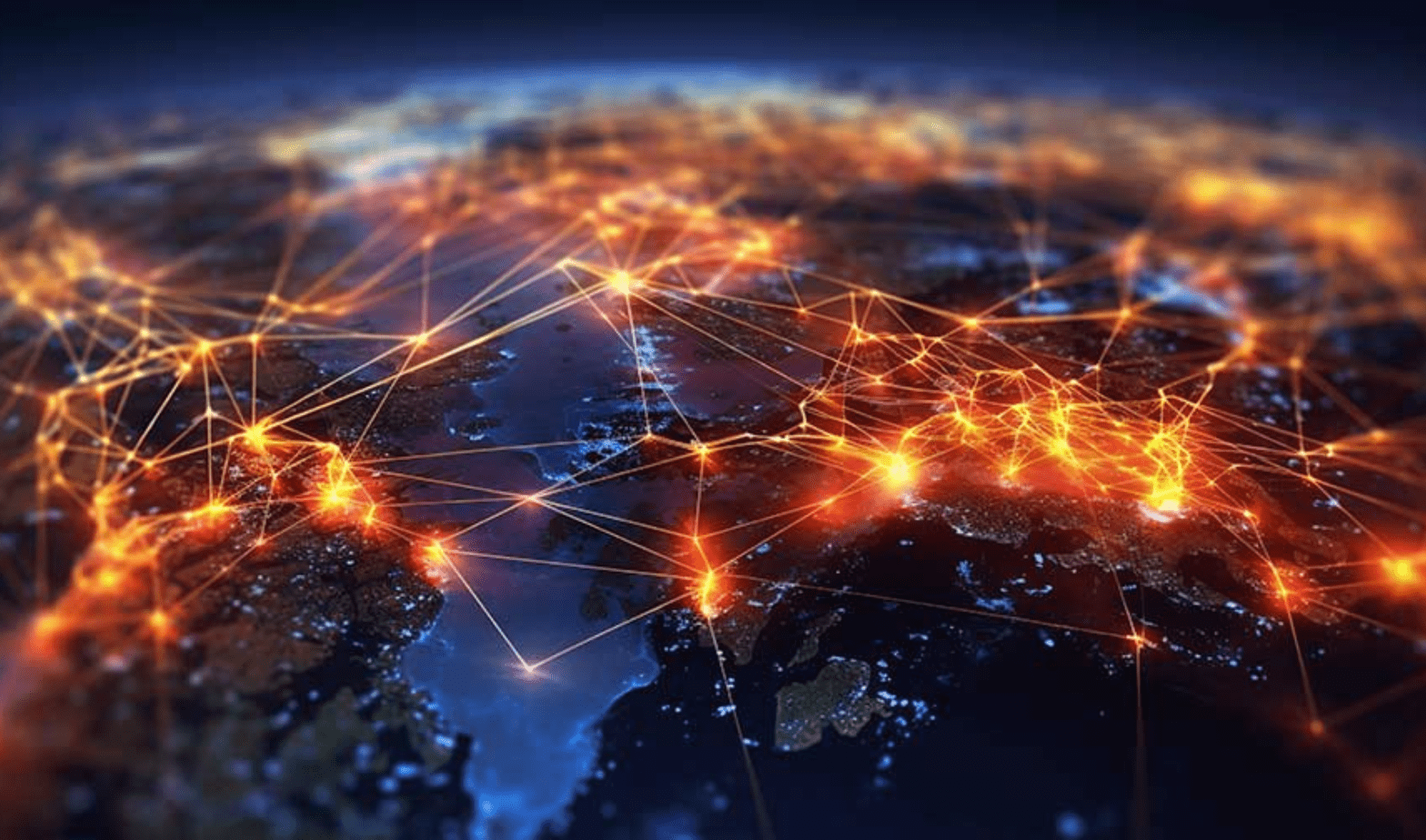 Trustack MSP Cyber Security, IT Services, IT Support. A digital representation of a world map viewed from space, with bright, glowing lines and nodes connecting various points, illustrating a global cybersecurity network. The map is dark with highlighted regions and illuminated pathways crisscrossing the continents, showcasing an evolving threat landscape.