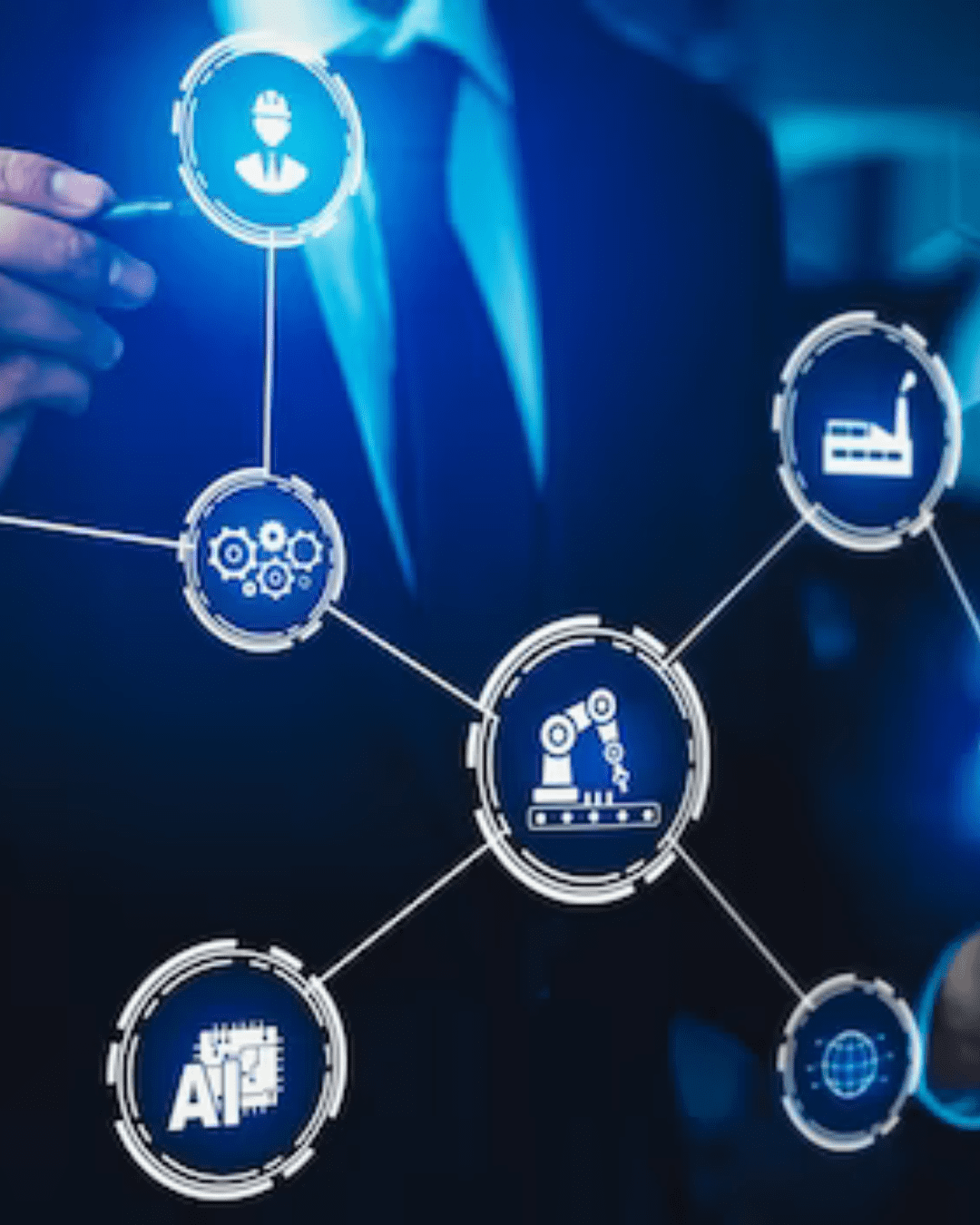 A person in a suit is pointing at interconnected digital icons representing various industry concepts: a factory, artificial intelligence, gear mechanisms, a robotic arm, a globe, and 24/7 threat visibility. The scene is lit with blue and black tones, suggesting a high-tech environment.