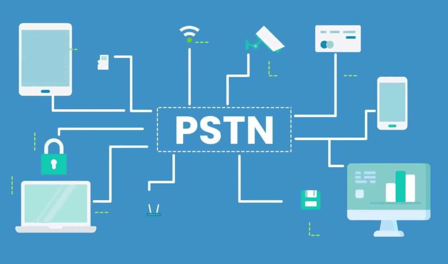 Trustack MSP Cyber Security, IT Services, IT Support. A digital illustration depicting a PSTN concept. Various devices, including a tablet, smartphone, computer, and security camera, are connected to a central PSTN label, representing an intricate network communication system. The design subtly hints at the transition from ISDN to modern networking technologies.