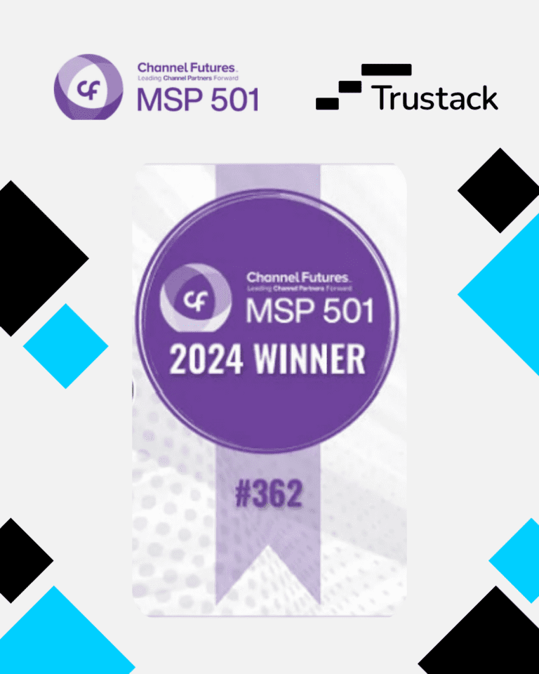 A certificate displaying the “Channel Futures MSP 501” logo and text reading, "2024 Winner #362." The background has geometric patterns, and the top right corner features the "Trustack" logo alongside the "Arctic Wolf Partner" badge. The color scheme includes purple, blue, black, and white.