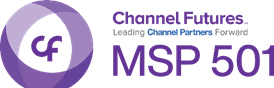 Trustack MSP Cyber Security, IT Services, IT Support. The image showcases the logo of Channel Futures' prestigious MSP 501. It features a purple circular design with "cf" inside. Next to the design, the text reads "Channel Futures Leading Channel Partners Forward" and "MSP 501" in matching purple.