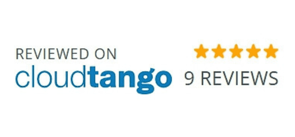 Trustack: An image displaying the text "Reviewed on cloudtango" followed by "9 reviews" and five yellow stars, indicating a rating system for Managed Services. The word "cloud" is in light blue, while "tango" is in dark blue. cloudtango-msp-directory-trustack-review