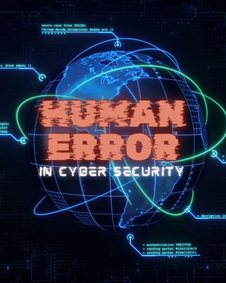 Trustack MSP Cyber Security, IT Services, IT Support. A digital illustration of a dark background featuring a blue globe with graphical elements and text overlay. The text reads "HUMAN ERROR IN CYBER SECURITY" in bold, red, glitchy letters. Various technical codes and lines surround the globe, highlighting the crucial understanding of cybersecurity challenges.