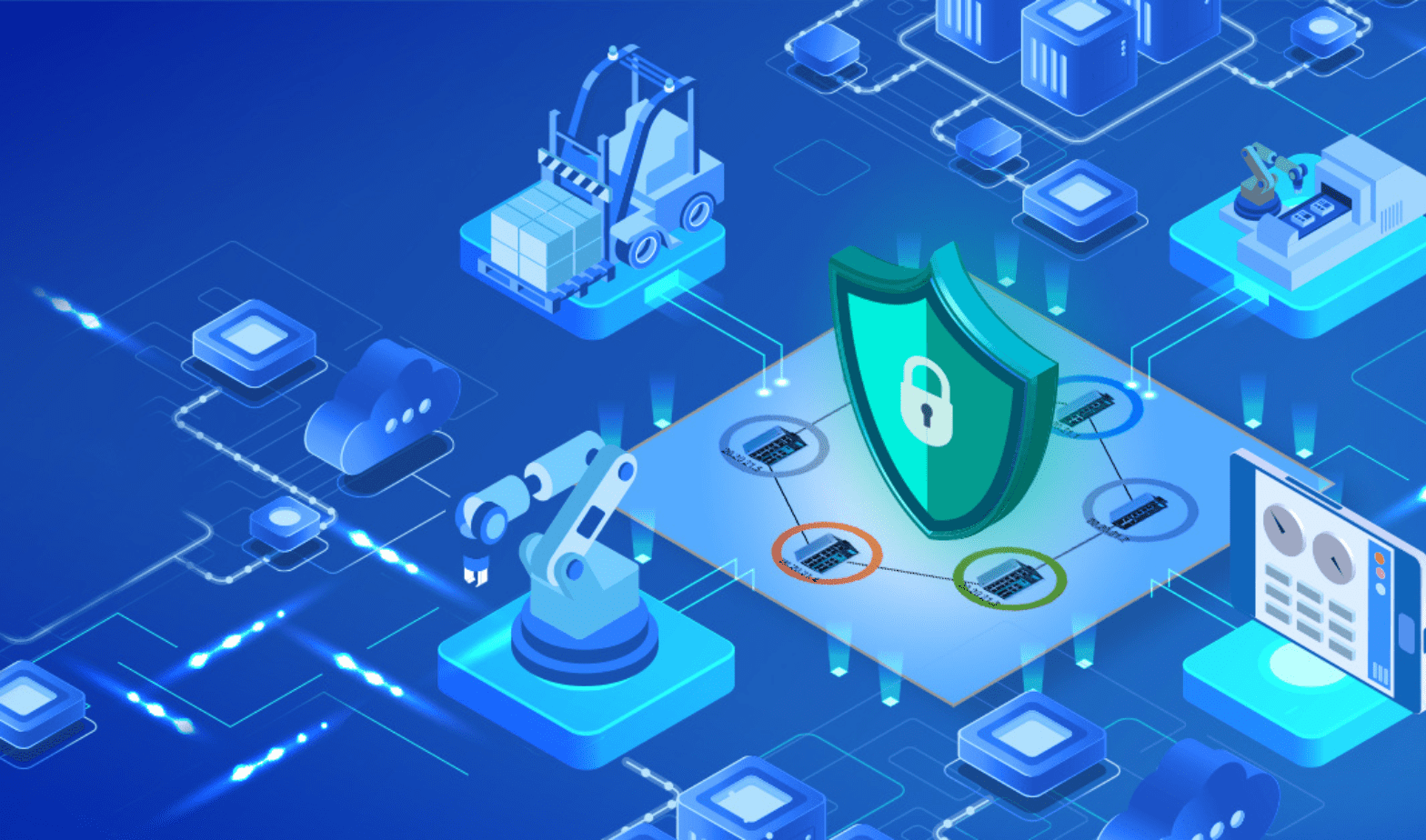 Trustack MSP Cyber Security, IT Services, IT Support. A digital illustration depicting cybersecurity in an interconnected network of devices. The central element is a shield with padlock icons, surrounded by various connected technology nodes including robotic arms, servers, and a Wi-Fi router on a blue background, highlighting the impact of human error in cyber security.