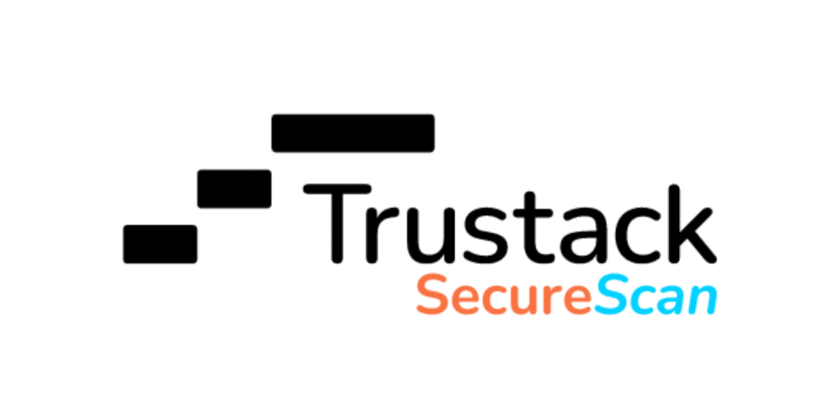 Trustack MSP Cyber Security, IT Services, IT Support. Trustack SecureScan logo. The logo features the word "Trustack" in black and "SecureScan" in a blend of orange and light blue, with a series of four black rectangles aligned in a staircase pattern ascending towards the left, symbolizing Trustack's expertise in Pen Testing as a Service (PTaaS).