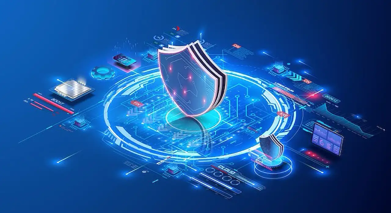 A 3D digital illustration depicting a shield at the center surrounded by various technological elements and devices. The image suggests concepts of cybersecurity, data protection, and technology in a blue-toned futuristic setting, subtly highlighting the impact of human error in cyber security.