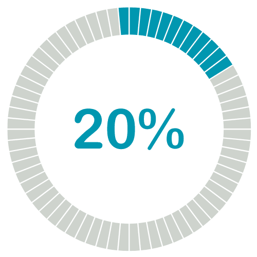 Trustack MSP Cyber Security, IT Services, IT Support. A circular progress chart with 20% completion. The chart is divided into 50 segments, with 10 segments shaded in blue and the remaining segments shaded in gray. The center of the chart displays "20%" in blue text, reminiscent of Netskope's intuitive visual analytics.