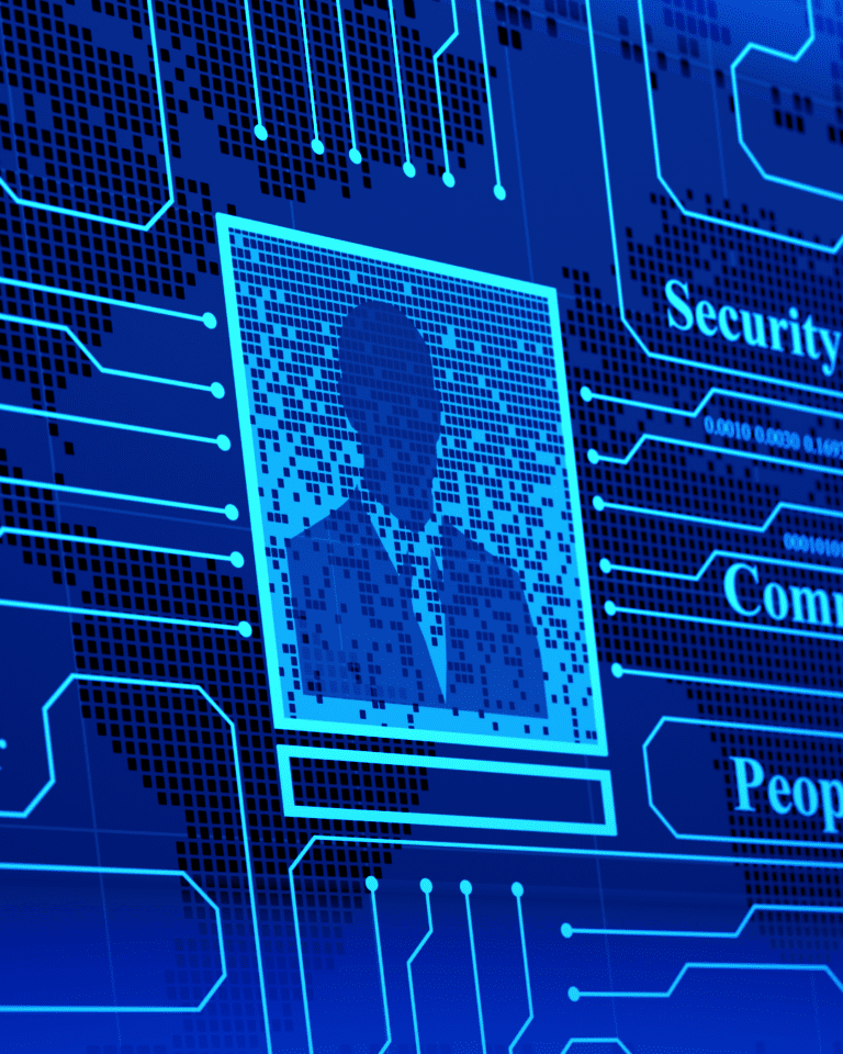 Trustack MSP Cyber Security, IT Services, IT Support. A digital illustration features a pixelated silhouette of a person among various circuits. The words "Security," "Communication," and "People" appear on the right side against a blue, tech-themed background covered with network patterns and binary code, highlighting the true price of cybersecurity.