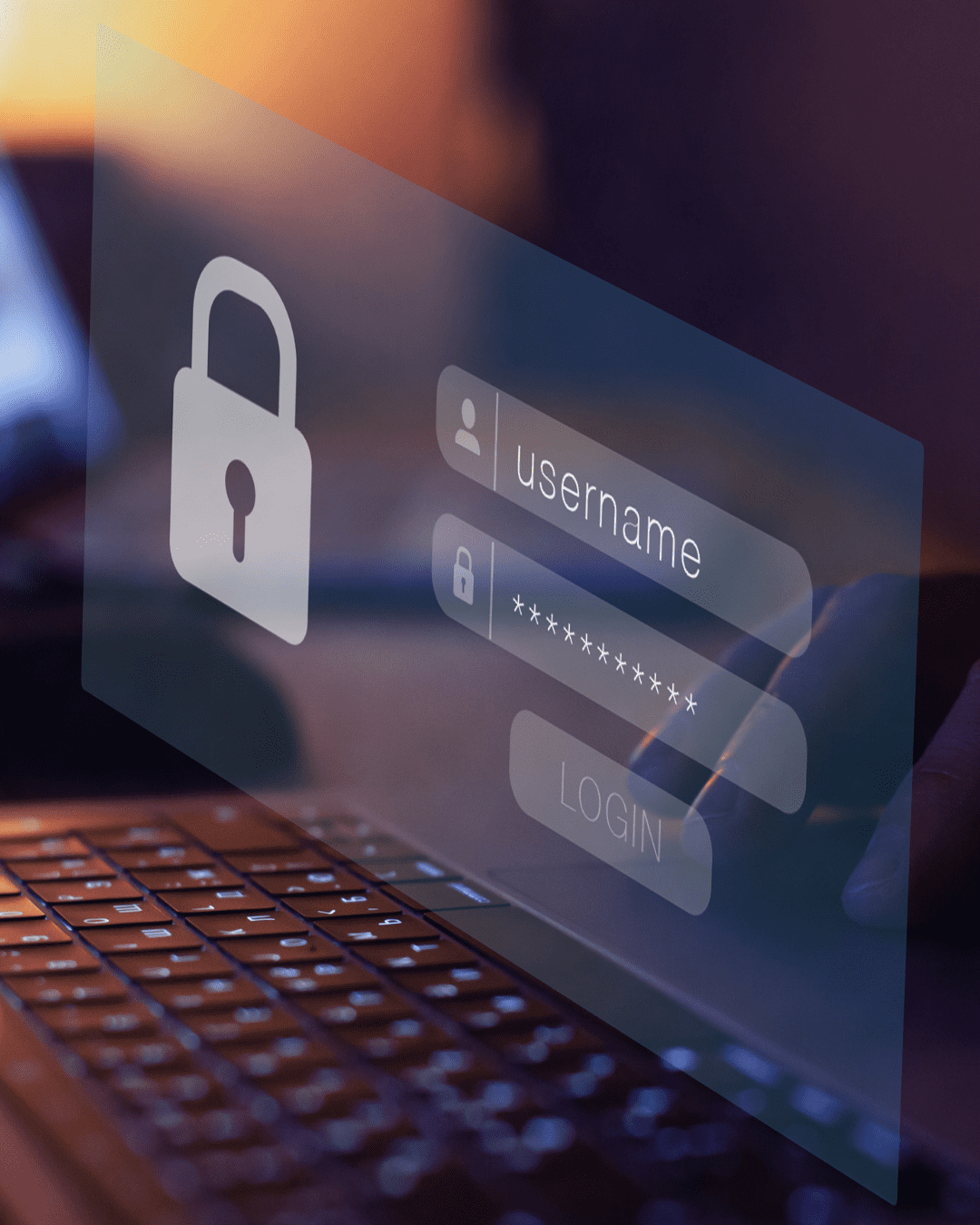 Trustack MSP Cyber Security, IT Services, IT Support. A close-up of a laptop keyboard with an overlay showing a login interface. The interface includes iconography of a lock, a field labeled "username" with an icon of a person, a password field with a lock icon, and a "Login" button—highlighting the true price of cybersecurity.