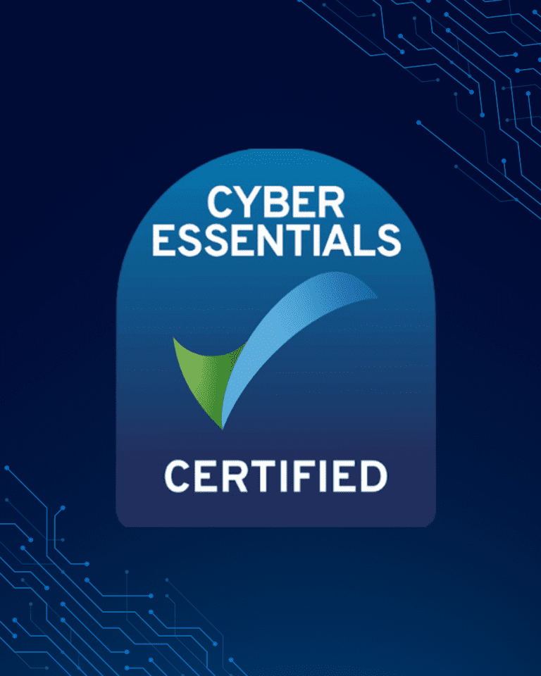 Trustack MSP Cyber Security, IT Services, IT Support. A badge with a blue and green checkmark and the text "CYBER ESSENTIALS CERTIFIED" on a dark blue background. Circuit-like patterns in the corners of the image symbolize revolutionising cybersecurity with Secure Access Service Edge (SASE).