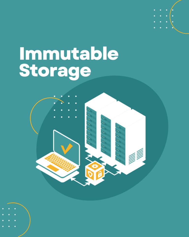 Trustack MSP Cyber Security, IT Services, IT Support. Illustration of a laptop connected to a server rack and a storage device, labeled as "Immutable Storage." The background is teal with white and yellow decorative elements. The laptop shows a checkmark on the screen, symbolizing Cyber Essentials – Protect Your Business from Cyber Threats.