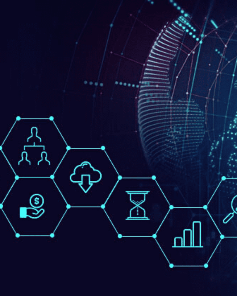 Trustack MSP Cyber Security, IT Services, IT Support. A digital image featuring various hexagonal icons connected by lines. The icons include representations of people organized hierarchically, cloud download, cybersecurity, hand with dollar sign indicating the true price of security cost, hourglass, bar chart, and magnifying glass. A stylized globe is visible in the background.