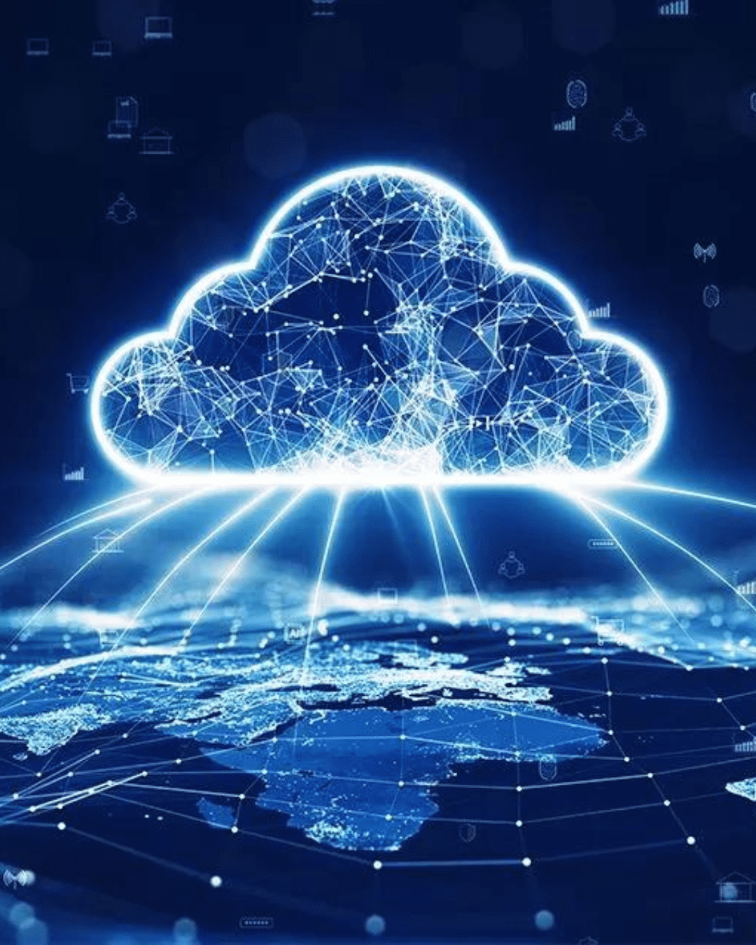 Trustack MSP Cyber Security, IT Services, IT Support. A digital illustration shows a glowing cloud icon above a world map. The cloud is interconnected with various nodes and lines, representing data or network connections extending to different locations on the map beneath it. The background is dark blue, hinting at the true price of cybersecurity in our connected world.