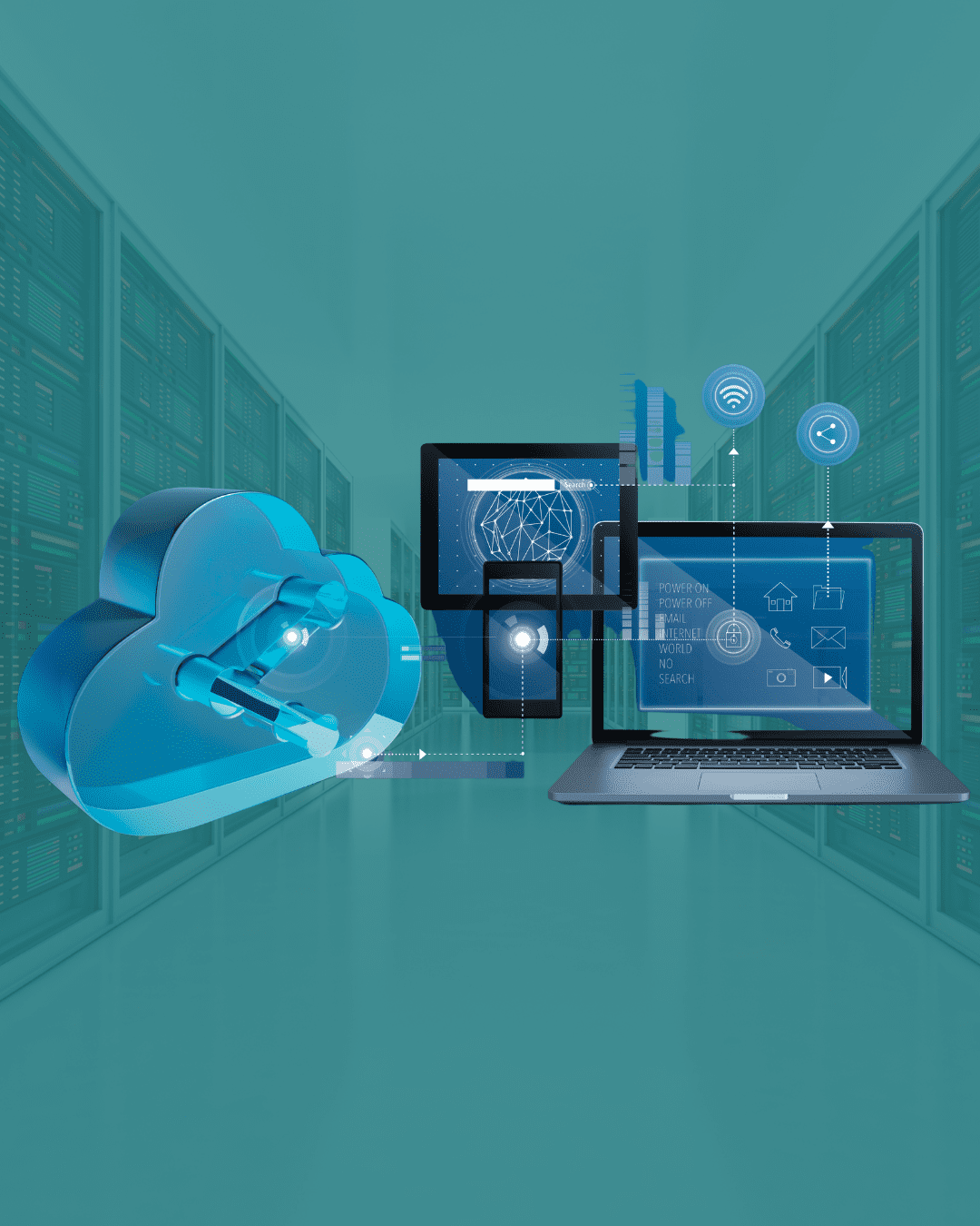 Trustack MSP Cyber Security, IT Services, IT Support. A graphic featuring a data center background, a blue cloud icon with connecting lines, a laptop displaying various technological icons, and a smartphone. Representations of Wi-Fi and connectivity are shown above the devices, illustrating the role of immutable storage in ensuring data integrity and security.