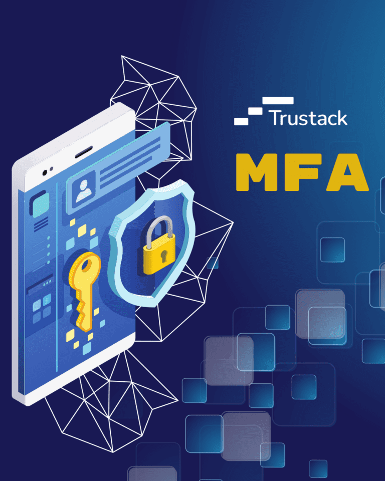 Trustack MSP Cyber Security, IT Services, IT Support. Digital illustration of a smartphone with a yellow key and lock, symbolizing MFA: What It Is and Why It Matters for Your Business. The background showcases geometric patterns, with "Trustack" elegantly placed in the top right corner. MFA Article meta cover page