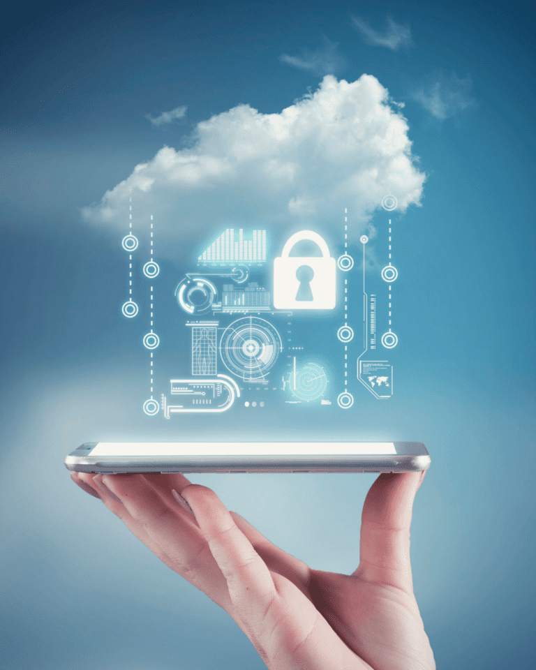 Trustack MSP Cyber Security, IT Services, IT Support. A hand holds a smartphone with a digital cloud hovering above it. Various icons such as locks, graphs, and gears are projected from the phone into the cloud, symbolizing MFA's role in cloud computing and data security. The background is a clear blue sky, emphasizing why it matters for your business. azure cloud migration meta image