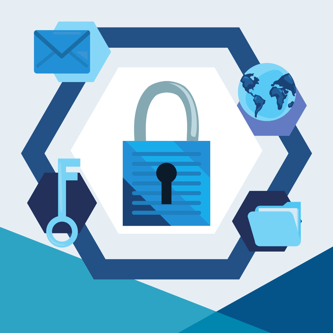 Trustack MSP Cyber Security, IT Services, IT Support. Illustration of a blue padlock within a hexagon, encircled by icons: an envelope, globe, file folder, and key. These elements symbolize security, communication, global interaction, and access—key themes in understanding MFA: What It Is and Why It Matters for Your Business.