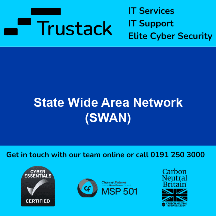 Trustack MSP Cyber Security, IT Services, IT Support. A promotional image for Trustack features IT services, support, and robust cyber security. It highlights the State Wide Area Network (SWAN) with easy online or phone contact options and showcases certifications like Cyber Essentials and MSP 501, ensuring trusted and comprehensive solutions.