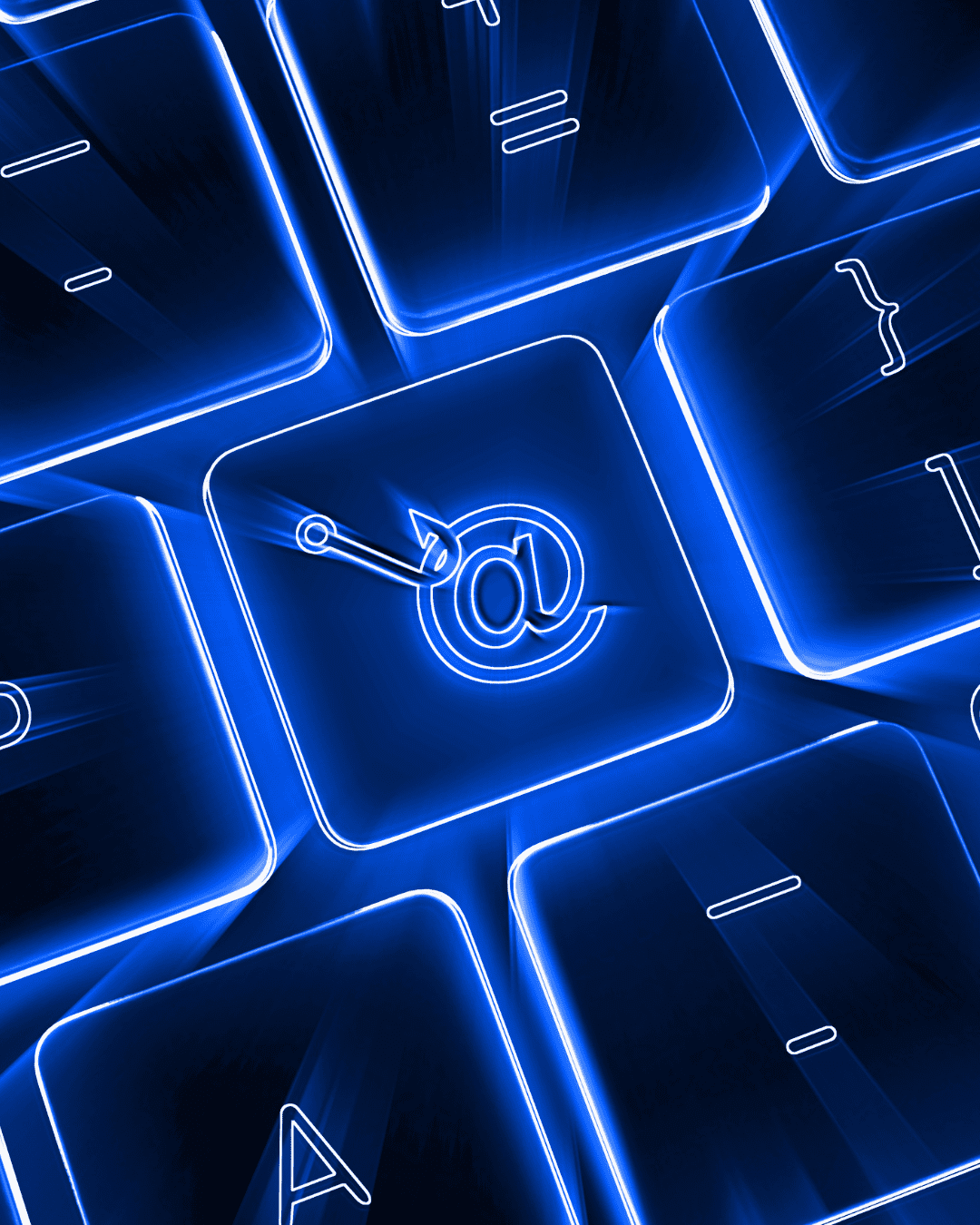 Trustack MSP Cyber Security, IT Services, IT Support. A glowing blue keyboard with a prominent key in the center displays an "@" symbol alongside a fishing hook, symbolizing phishing, reminiscent of the secure environment needed during Microsoft Azure cloud migration. The other keys are partially visible and similarly illuminated. Phishing hero image