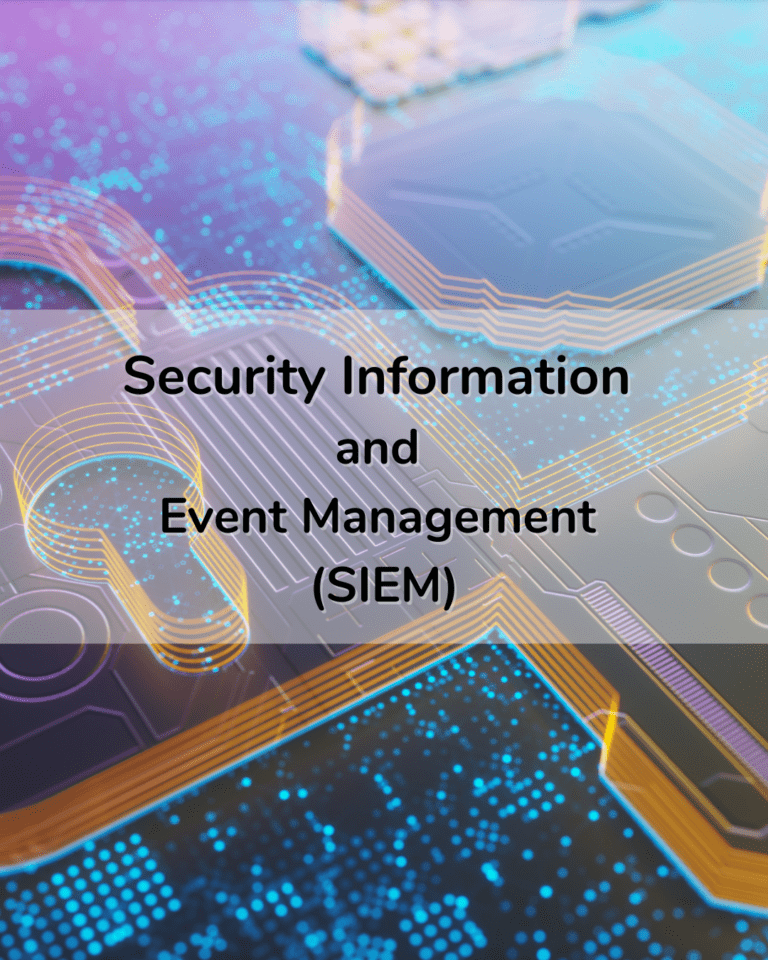 Trustack MSP Cyber Security, IT Services, IT Support. Abstract image with a digital circuit design in the background, highlighting "Security Information and Event Management (SIEM)" at its core. Subtle hues of blue, purple, and orange interplay with elements reminiscent of Microsoft Azure cloud migration. SIEM