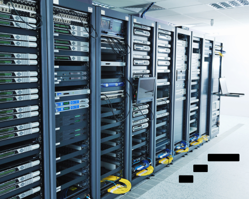 Trustack MSP Cyber Security, IT Services, IT Support. Image of a server room with several racks of servers and networking equipment. Wires are organized along the bottom, and a monitor displaying Windows 10 is mounted on one rack. The environment is brightly lit with a clean, tiled floor, ready for the next Windows update before reaching end of life.