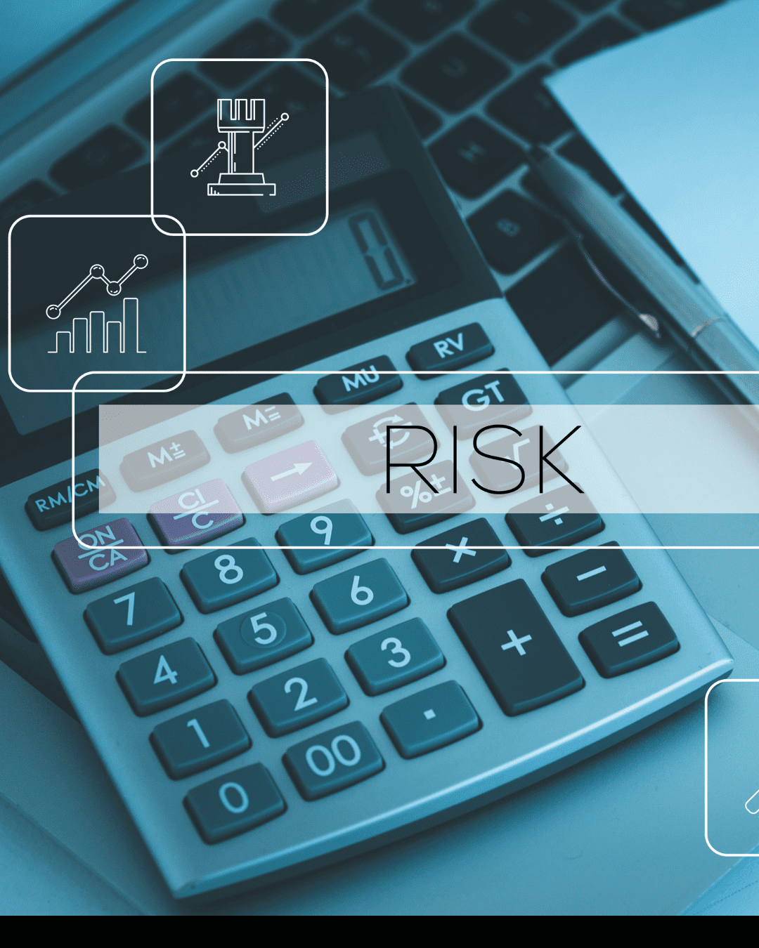 Trustack MSP Cyber Security, IT Services, IT Support. A calculator with colorful buttons sits next to a pen and notebook, overlaid with the word "RISK" and icons showing graphs and a justice scale. This image hints at themes of finance, decision-making, and understanding systems like Security Information and Event Management (SIEM). risk response time